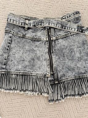 Acid Wash Fringe Denim Mini Skirt with Belt